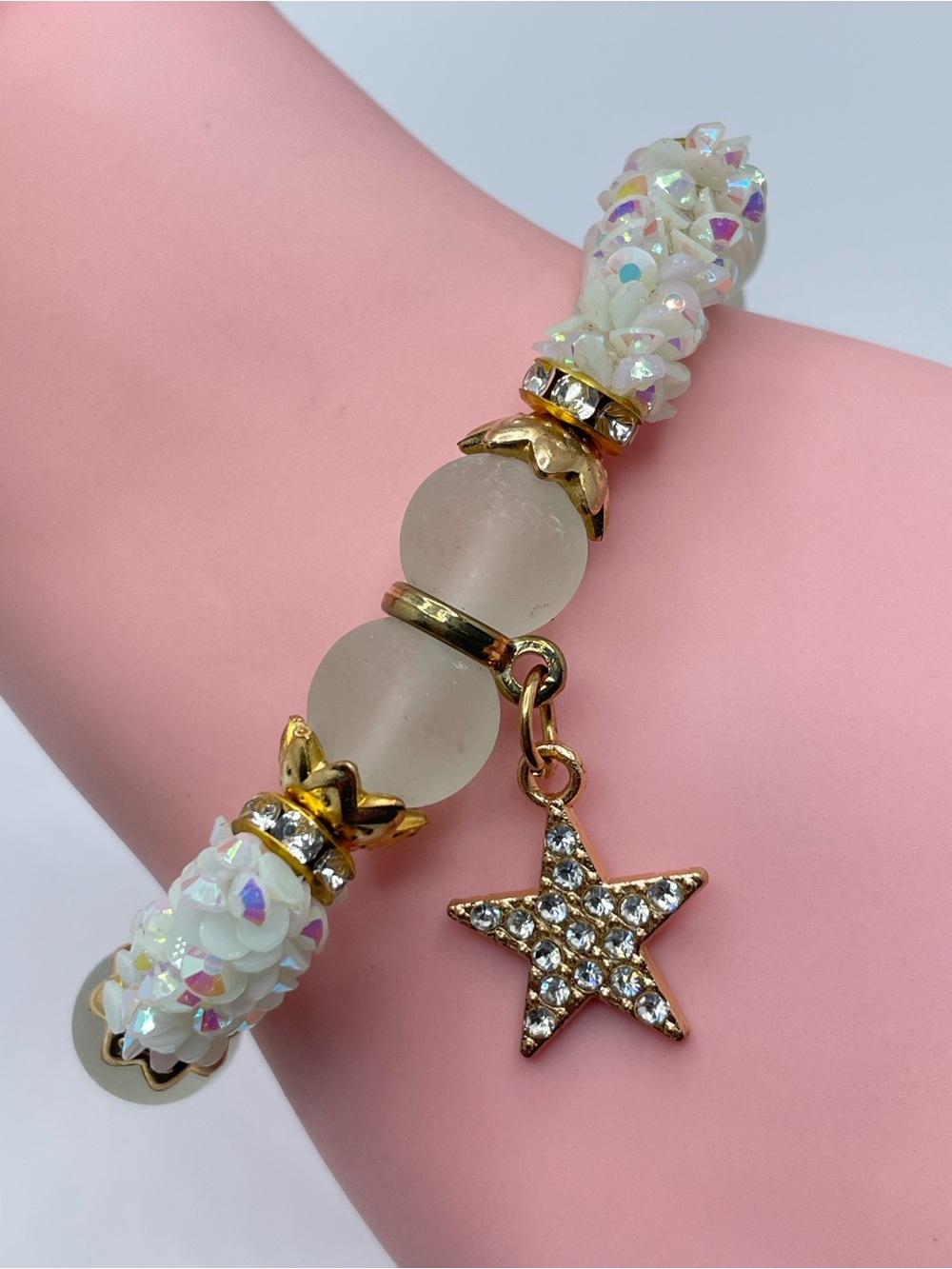 Gold Tone AB Crystal Glass Beaded Star Charm Stretch Bracelet Boho Glam